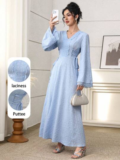 Yasmyna Women Elegant Arabic Style Contrast Lace Side Tie Waist Dress