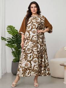 Lacomfia Plus Size Women's Casual Vintage Floral Print Loose 3/4 Sleeve Maxi Dress, Vacation Style - Khaki - View 6