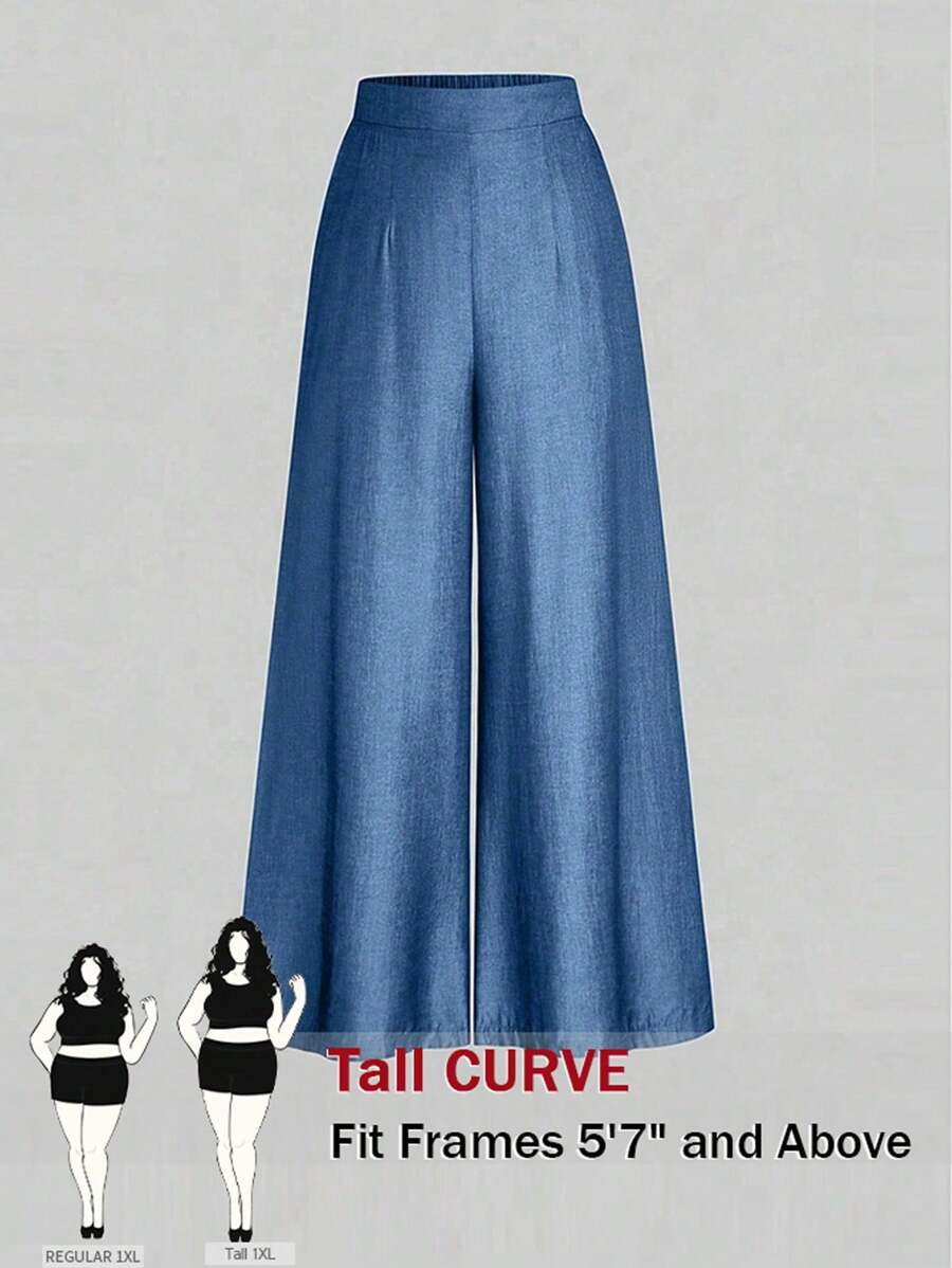 SHEIN Tall Plus Size Casual, Summer Holiday Faux Denim Effect Wide-Leg Pants For Tall - Blue - View 1