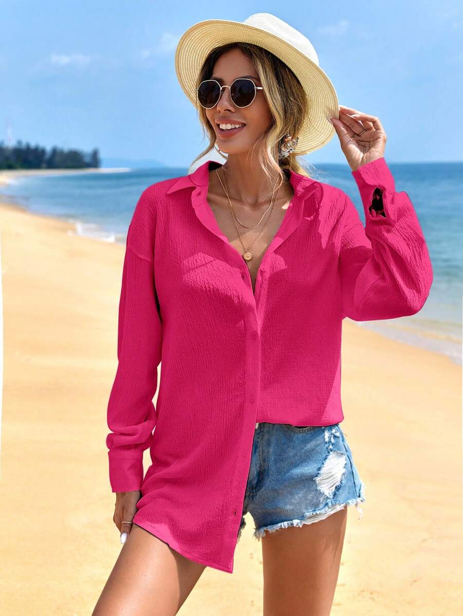 EURMUSE Camisa de manga larga holgada de unicolor con hombros caídos, estilo minimalista y casual de vacaciones para mujer - Rosa Fucsia - Ver 1