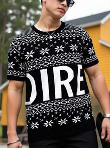 Manfinity Homme Men's Casual Letter Print Round Neck Short Sleeve Knit Sweater, Summer Back To School - Multicolor - View 3