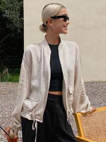 Livesso Women's High Collar Hem Drawstring Loose Regular Jacket Fall/Winter Women Coats - Beige - View 1