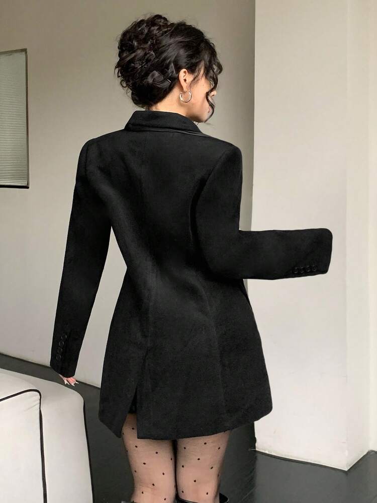 Women's Solid Fitted Long Sleeve Double-Breasted Pocket Turndown Collar Tie-Up Elegant Thickened Coat For Autumn/Winter Jacket