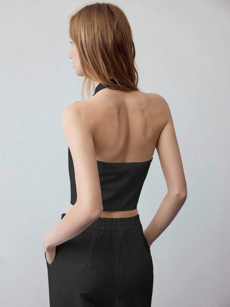 MOTF STUDIO SOLID BUTTON UP OPEN BACK HALTER TOP