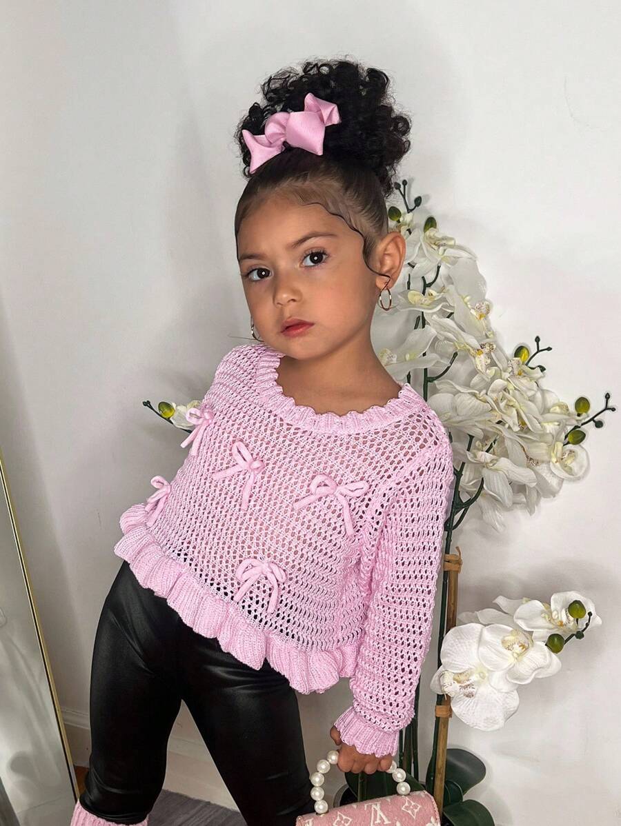 SHEIN Pink Crew Neck Ruffle Hem Short Sweater For Young Girls, Decorated With 3D Bow, Cute Princess Style, Suitable For Home, Outdoor, Party, Vacation,In Fall/Winter - Pink - View 1