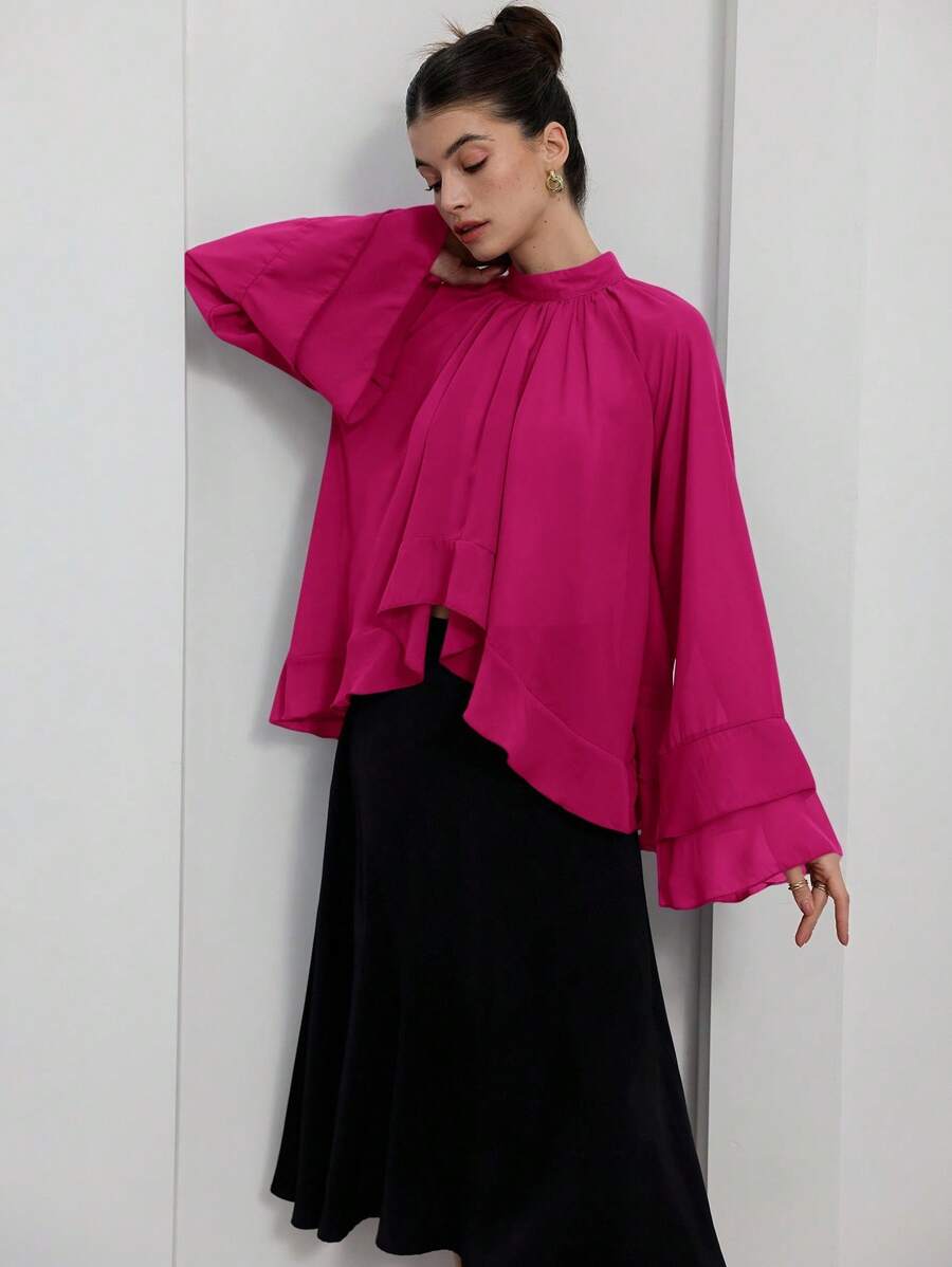 GENKIRA Luxury Purple Chiffon Ruffle Hem Layered Elegant Women Blouse, High-End Design Fall Cloth For Women - Pink - View 1