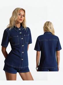 SHEIN Unity Plain Color Front Button Pocket Relaxed Short Sleeve Denim Jacket - Blue - View 1
