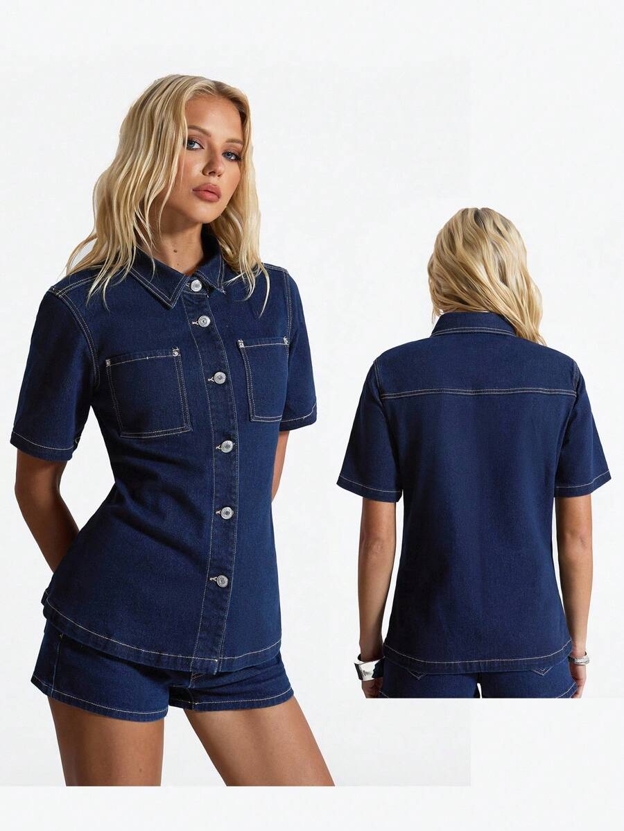 SHEIN Unity Plain Color Front Button Pocket Relaxed Short Sleeve Denim Jacket - Blue - View 1
