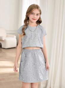 Set de 2 piezas de top sin mangas con rhinestones + falda con cintura anudada con rhinestones para niñas preadolescentes, conjunto de estilo casual de calle - Gris - Ver 4