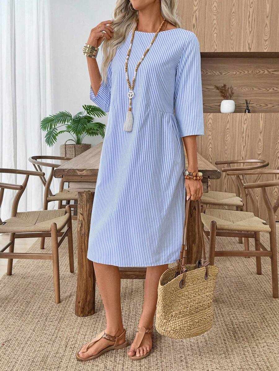 EMERY ROSE Váy cổ tròn sọc thường ngày mùa hè cho nữ Váy thường ngày cho nữ Váy đi nghỉ cho nữ Váy cổ tròn sọc thường ngày mùa hè cho nữ Váy đi nghỉ mùa hè cho nữ, Quần áo Boho cho nữ - Xanh và trắng - Xem 1