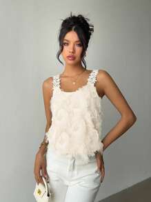 Rafferiza 女士纯色优雅休闲花卉蕾丝拼布纹理吊带背心 - 杏色 - 查看 6