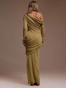 MUSERA 褶皱不对称肩部长袖垂褶长款连衣裙，适合度假、性感、海滩、浪漫、优雅场合，如生日、波西米亚风、拉菲草编发、圣诞节、秋冬季、婚礼宾客等。