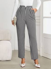 Ellevyn 女士褶皱锥形裤，针织弹力千鸟格印花格子，优雅日常穿着，秋冬 - 黑與白 - 查看 2