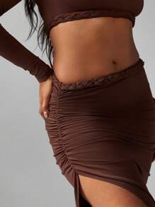 MISSGUIDED Braided Trim Long Sleeve Two Piece Co-Ord Set Crop Top High Split Maxi Skirt Ruched Detail Party Evening Fall Winter Occasion Wear - Coffee Brown - View 3