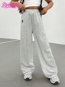 SHEIN Explorewe Dziewczęce (duże) spodnie dresowe dla nastolatek, swobodne, minimalistyczne, kontrastowe, z kieszeniami i wzorem z logo, luźne, szerokie nogawki, długie spodnie dresowe