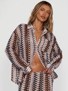 Musera Resort Áo sơ mi dài tay dáng rộng, họa tiết, phong cách Boho Ibiza, dễ thương, gợi cảm, thích hợp cho kỳ nghỉ hè, đi biển, áo khoác ngoài, kẻ sọc, thích hợp cho mùa thu, lễ hội, xuân. - màu nâu - Xem 3