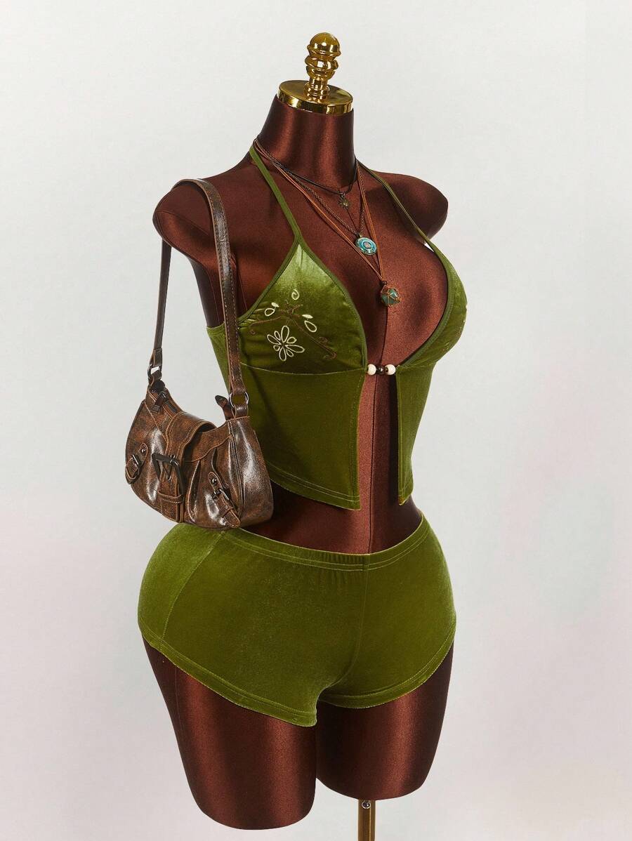 Amplova 女式两件套性感镂空睡衣上衣和不对称下摆裙子，夏季 - 綠色 - 查看 1