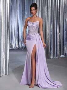 Glamrae Váy dài đuôi cá xẻ tà xẻ ngực bằng vải satin thêu ren và sequin thanh lịch, thủ công, phù hợp cho tiệc tùng, dạ tiệc, dịp trang trọng - Màu tím hoa cà - Xem 6