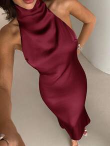 Aloruh 女式性感优雅长款缎带露背修身缎面连衣裙 - 酒紅色 - 查看 4