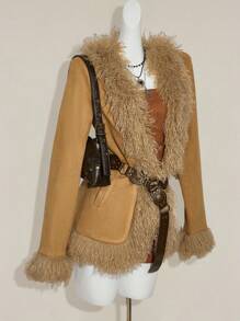 SHEIN ICON Y2k 秋季西部波西米亚风外出卡其色女式时尚复古人造毛皮拼布夹克女式棕色人造毛皮大衣女式棕色夹克女式秋季大衣女式棕色大衣女式秋季夹克 - 卡其色 - 查看 6