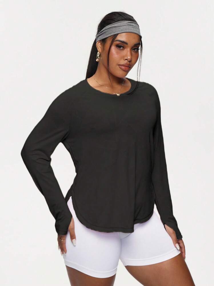 Easithlete Ladies' Plain Black Knitted Long Sleeve Sports Tee In Comfortable Plus Size Design Workout Long Sleeve Top Long Sleeve Workout Top Athleisure Tops Loose Workout Top Thumb Hole Long Sleeve - Black - View 5