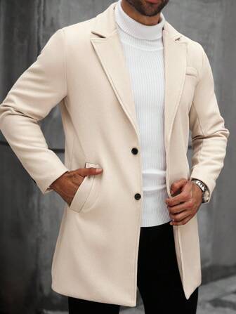 Manfinity Mode Men's Plus Size Solid Color Pocket And Button Front Long Sleeve Coat, Autumn Clothing