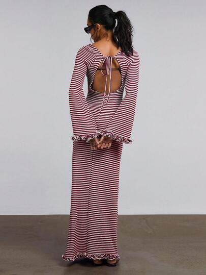 Athîral Women's Striped Round Neck Bell Sleeve Backless Twist Dress