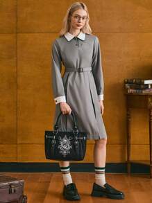 HARRY POTTER X SHEIN PU 皮革链条装饰黑色顶部提手包 - 黑色 - 查看 7