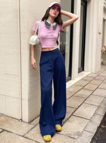 Chiquease Navy Wide Leg Pants, Minimalist Design, Fashion Versatile Fall Cloth For Women - Navy Blue - View 5