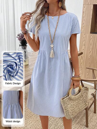 EMERY ROSE Randig rund halsringning för kvinnor, casual sommarklänning, sommarklänningar för kvinnor, semesterklänning, bohemiska kläder för kvinnor, bästsäljande klänningar, casual klänningar för kvinnor