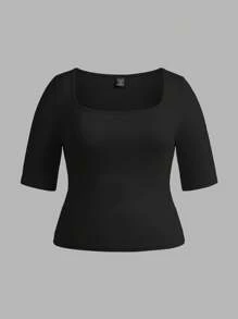 SHEIN BASICS 3件套休闲纯色针织方领短袖修身大码T恤，女士假日/夏季 - 彩色 - 查看 9