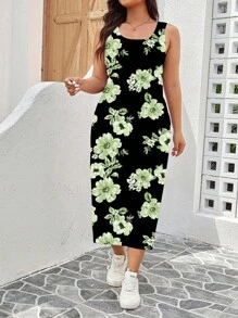 SHEIN LUNE Plus Size Women Floral Print V-Neck Short Sweatshirt & Dress 2 Pieces Set, Casual For Autumn/Winter,Holiday Outfits