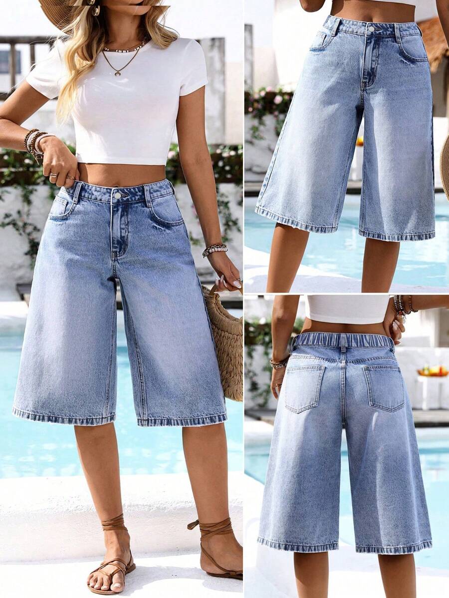 EMERY ROSE Plus Size Women's Casual Washed Wide Leg Jeans - Blue - View 1