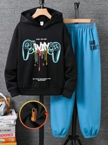 2 Stück Tween Jungen Lässiger minimalistischer Cartoon Spielekonsolen Muster Loose Fit Langarm Hoodie Set, geeignet für Herbst/Winter Schulanfang Kleidung - Schwarz - Übersicht 7