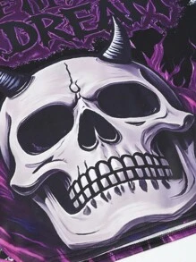 PAVTROS 嘻哈街头服饰 黑色字母印花 T 恤，落肩设计，骷髅图案细节 哥特衬衫 黑色和紫色图案 T 恤 神秘学男式 T 恤 男式黑色和紫色图案 T 恤 紫色街头服饰