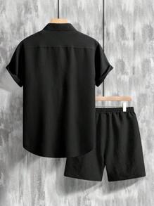 OTTIMOZO Men Simple Casual Holiday Black Short Sleeve Shirt And Pocket Shorts Set - Black - View 2