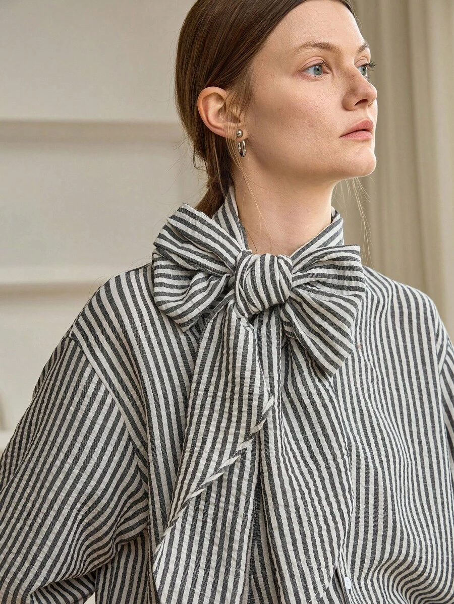 Dazy-Less Women's Striped Ribbon Collar Loose Business Casual Office Blouse With Bowknot Sash Long Sleeve Shirt, Autumn/Winter - Grey - View 1