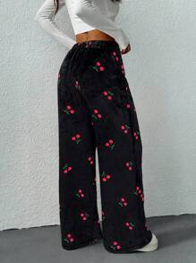 SHEIN EZwear Quần ống rộng buộc dây phía trước họa tiết quả anh đào đen cho nữ - màu đen - Xem 2