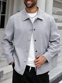 Manfinity Homme Plus Size Men's Casual Solid Color Overcoat, Light Grey , Fall Winter