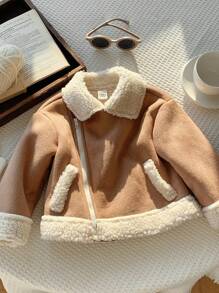 SHEIN Baby Boy Khaki Patchwork Fluffy Thickened Suit Collar Jacket, Fall Autumn/Winter