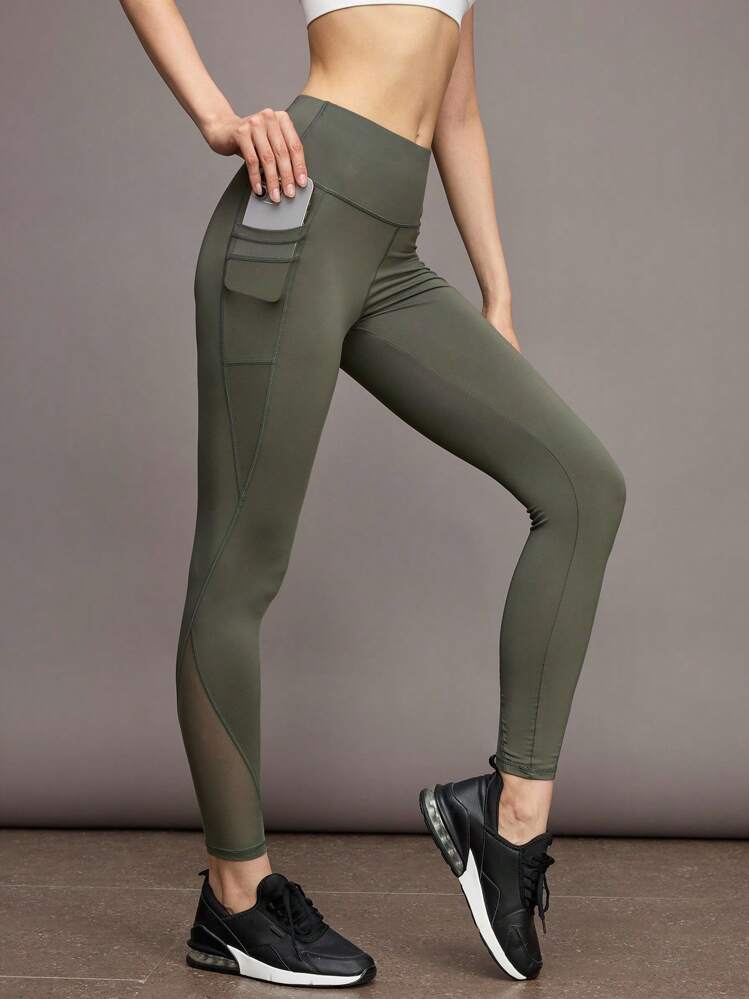 Activina Wide Waistband Phone Pocket Mesh Insert Top-stitching Sports Leggings - Army Green - View 5