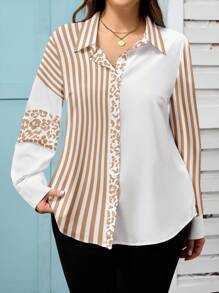 EMERY ROSE 女式加大码印花开衫 - 豹纹和条纹长袖拼布衬衫，2025 年秋季休闲罩衫 - 白色 - 查看 3