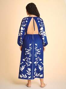 CAJUNI 大码女式波西米亚风复古度假印花镂空露背泡泡袖长裙