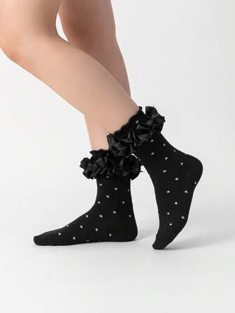 Goth Damen Knöchelsocken, Knüppelssöckchen mit Rüschenbesatz und Spitzendekor