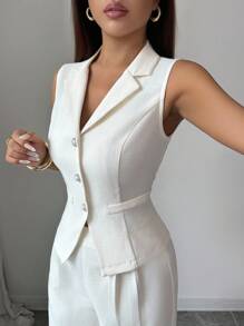 SHEIN Raffinéa 时尚百搭通勤无袖背心夹克上衣，收腰开衩设计，高腰直筒裤，米色女式两件套西装，优雅的春秋季商务休闲装 - 杏色 - 查看 8