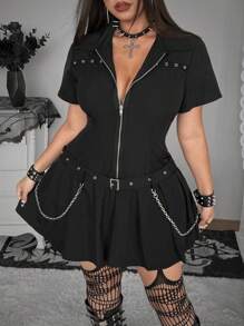 SHEIN Whyspr 大码深色款式褶边连衣裙