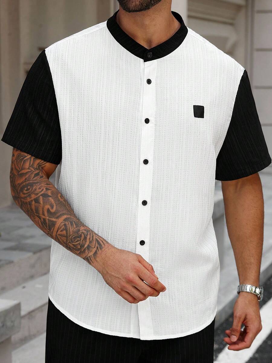 Manfinity Homme 大码男士休闲黑白撞色纽扣衬衫