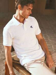 Manfinity VCAY Men's Textured Horse Embroidered Loose Dropped Shoulder Short Sleeve Polo Shirt - White - View 3