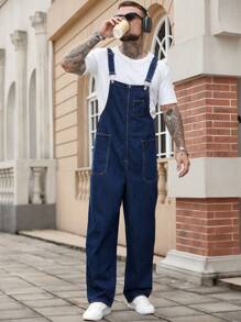 Manfinity Homme Men's American Style High-End Casual Loose Fit Bib Overall Denim Jumpsuit, Versatile For Autumn/Winter - Blue - View 3