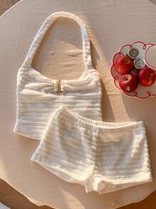 Comfortcana 女式纯色褶皱露背上衣和超短裤套装 - 白色 - 查看 5